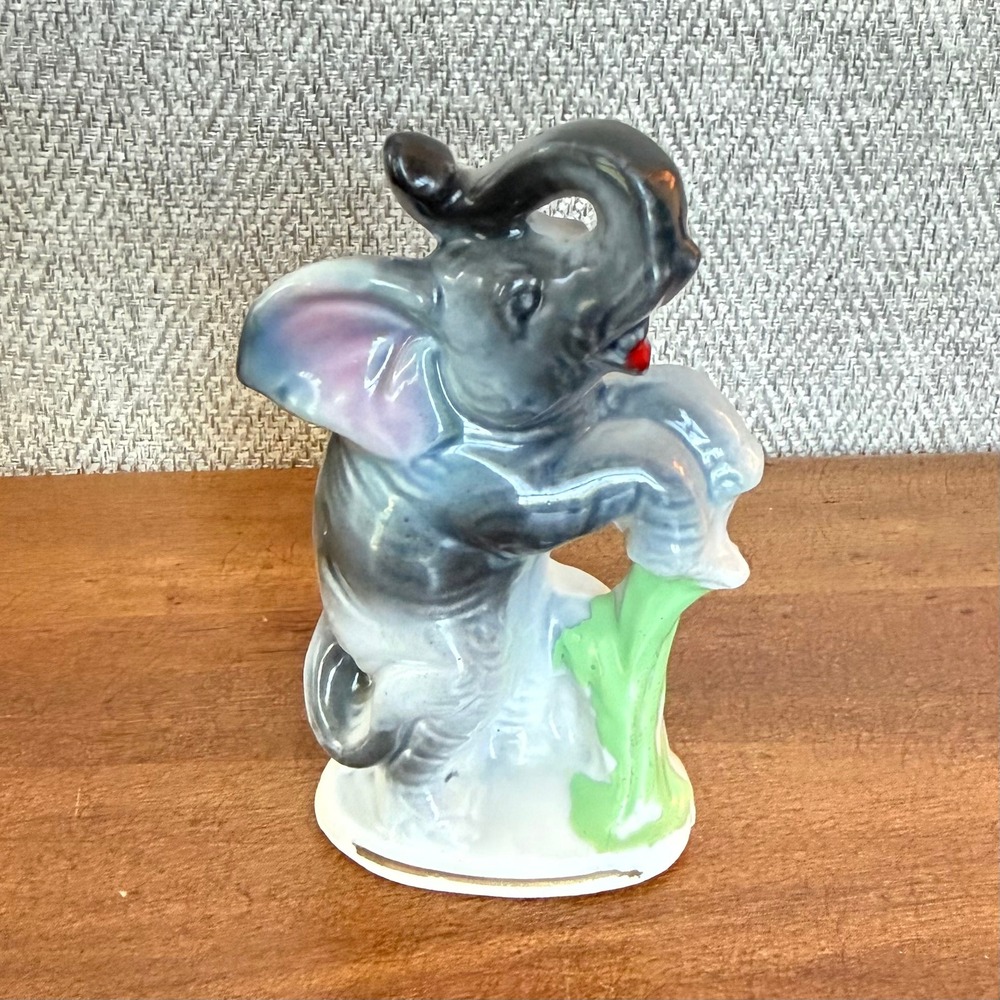 Vintage Japan Porcelain Elephant‎ Figurine Trunk Up Good Luck Gray White 3.75"
